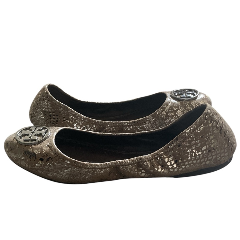 Tory Burch Metallic Silver Leather Ballet Flats, gunmetal hardware logo, Sz: 9 M - Picture 6 of 8